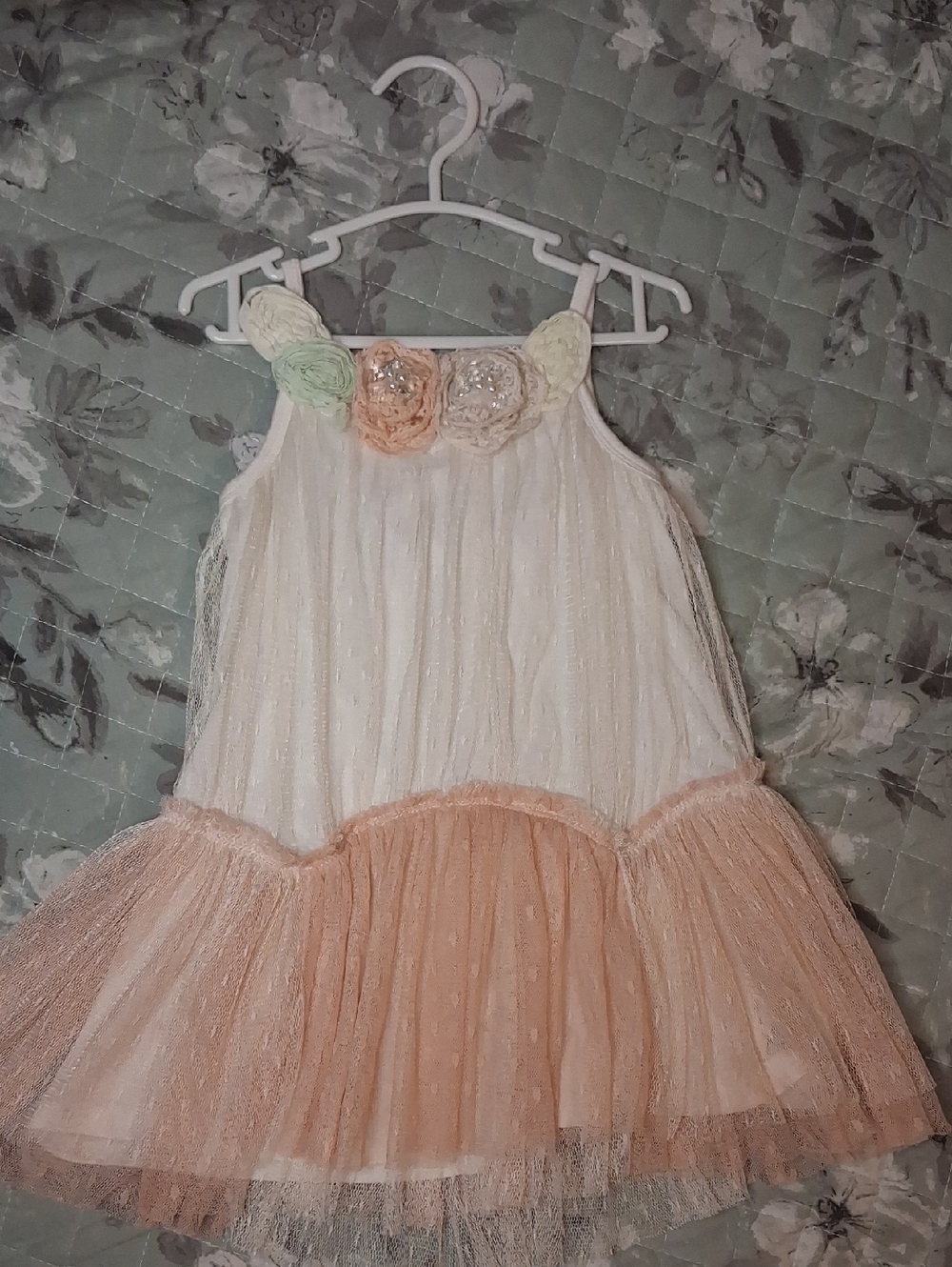 Baby Sara Girls White and Peach Tulle Floral Dress